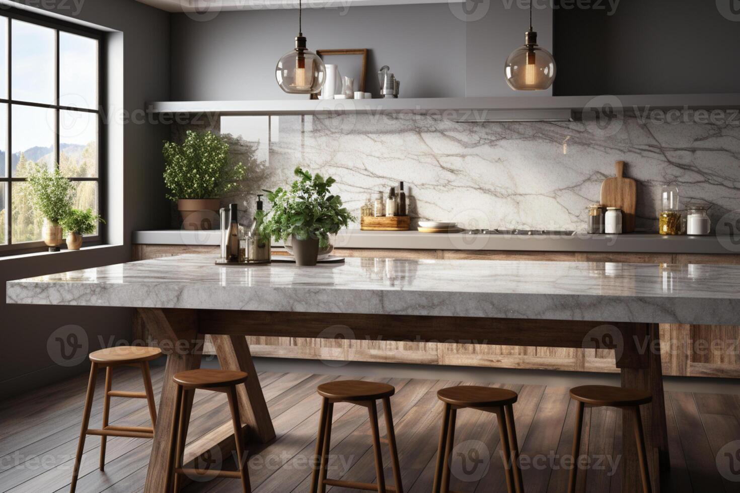Trendy kitchen with a luxurious marble countertop and abundant copy space photo