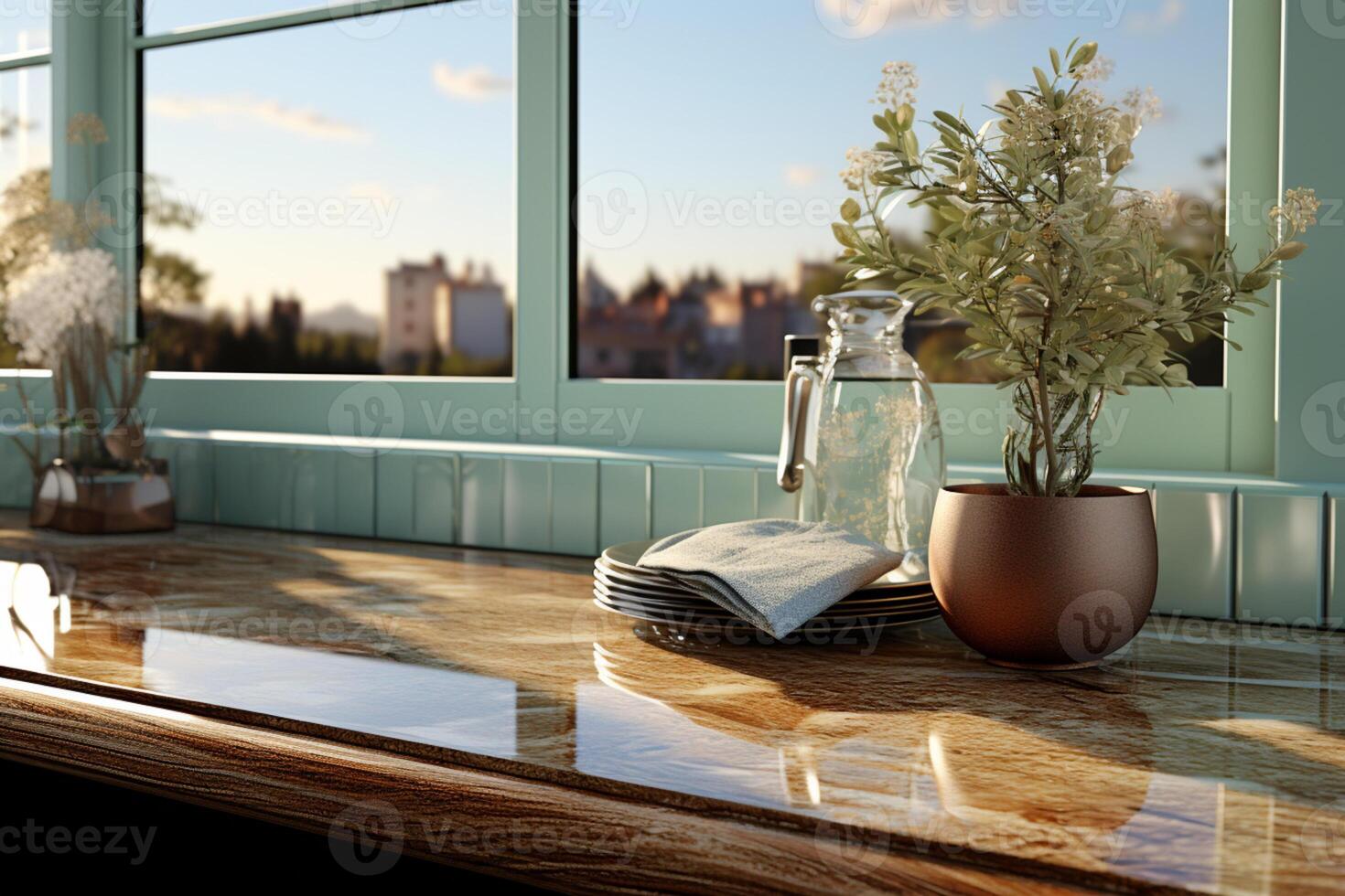 Chic, luxurious kitchen boasting a sage green counter, sink, and window view photo
