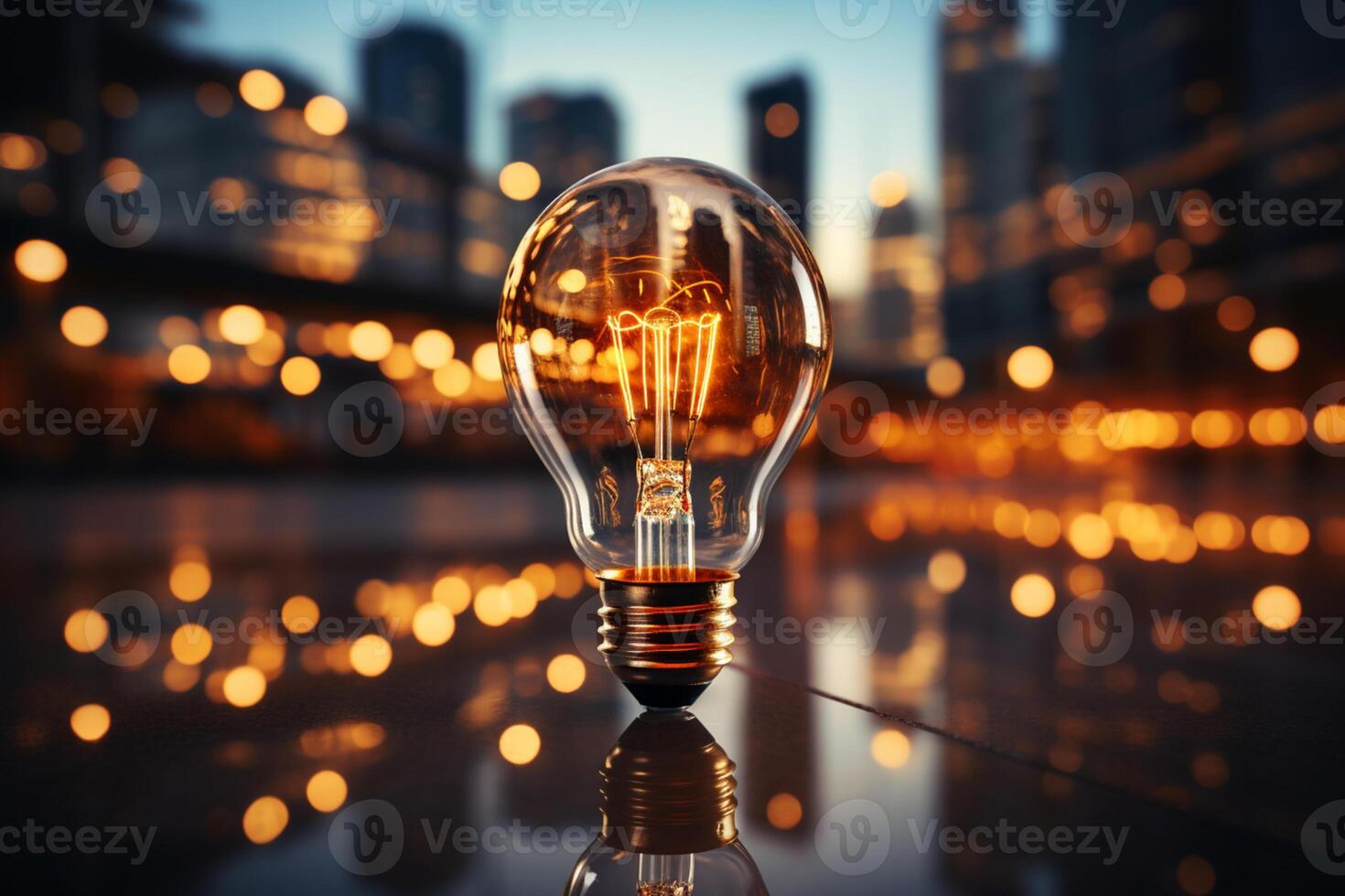 A successful idea depicted by a shining bulb against a business background photo