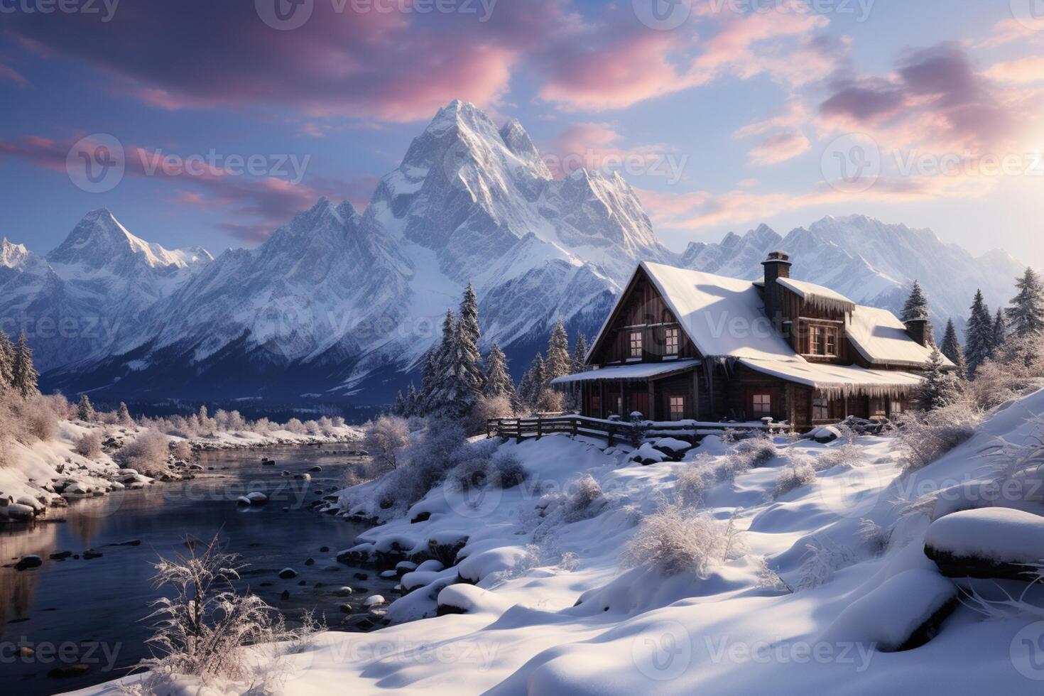 Winter's embrace blankets the mountain village with a captivating landscape AI Generated photo