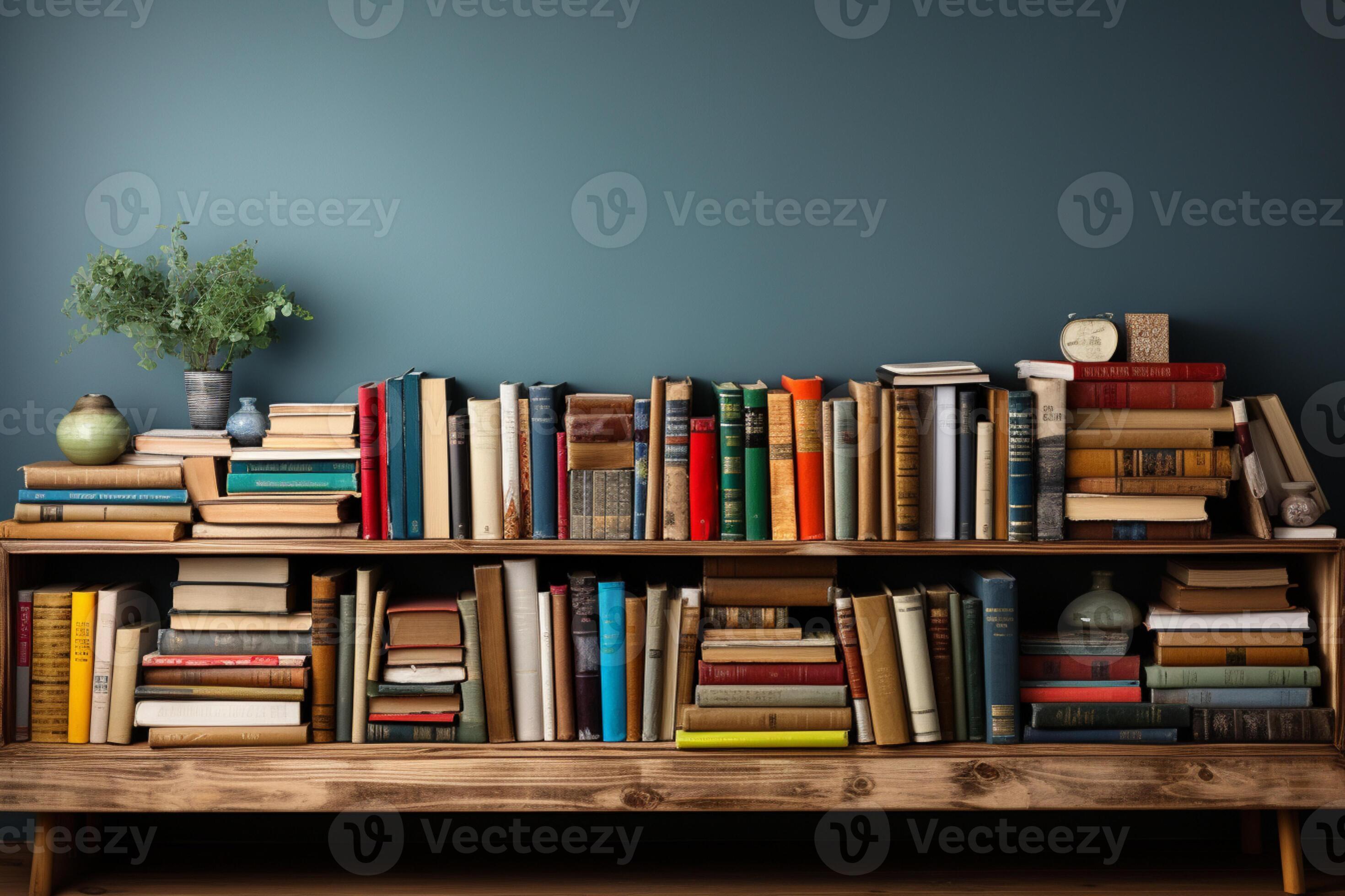 Wide banner featuring bookshelf and stack of hardcovered books, perfect