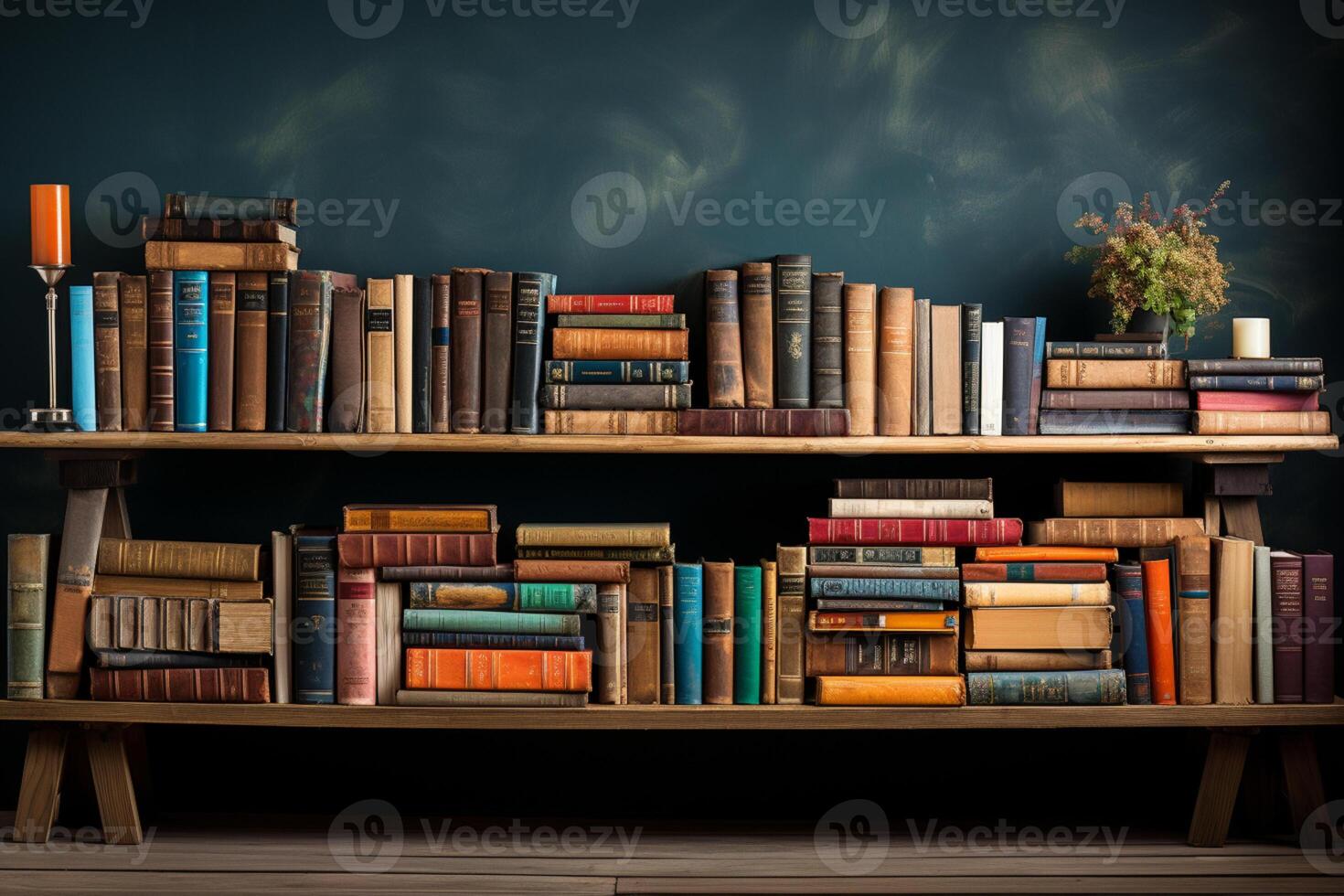 Literature-themed banner featuring a bookshelf, stack of hardcovered books, and copy space photo