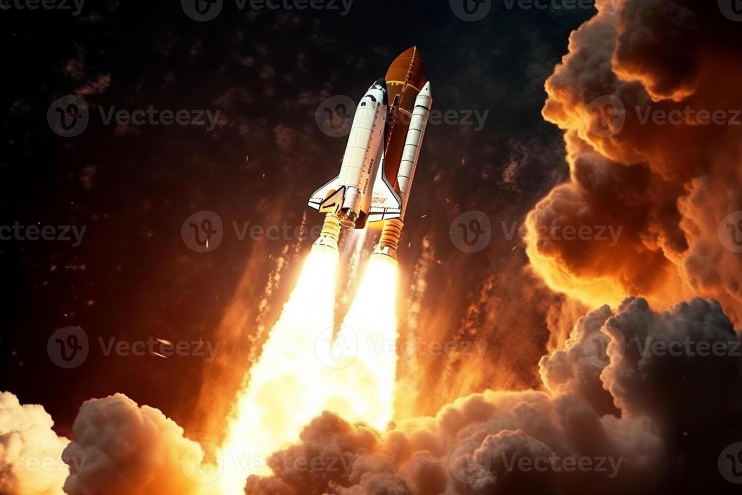 Interplanetary endeavor, Rocket ship streaks through a galaxy-rich backdrop photo