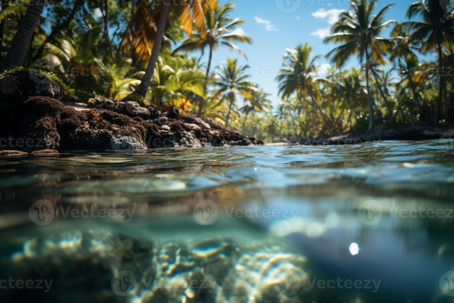 Paradise found, tropical beach, blurry palms, sunlit bokeh shimmering on water photo