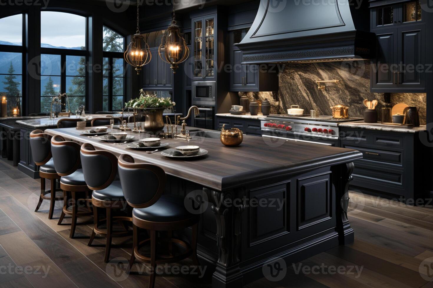 Contemporary kitchen with dark wood cabinetry for a bold and striking aesthetic photo
