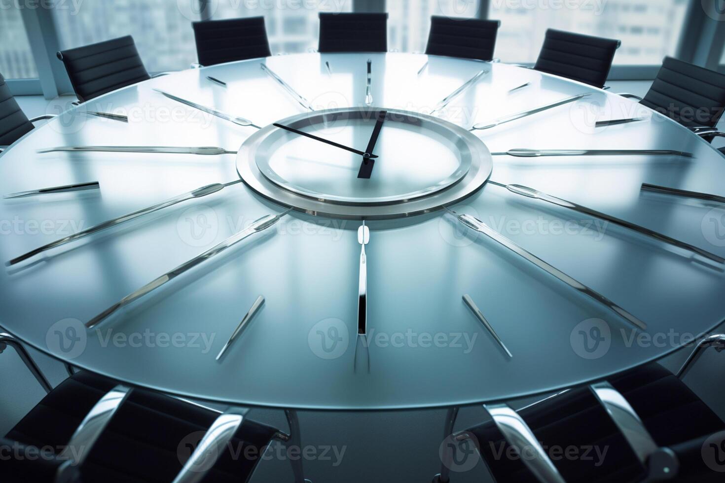 Time for the meeting, Round table with a large clock AI Generated photo