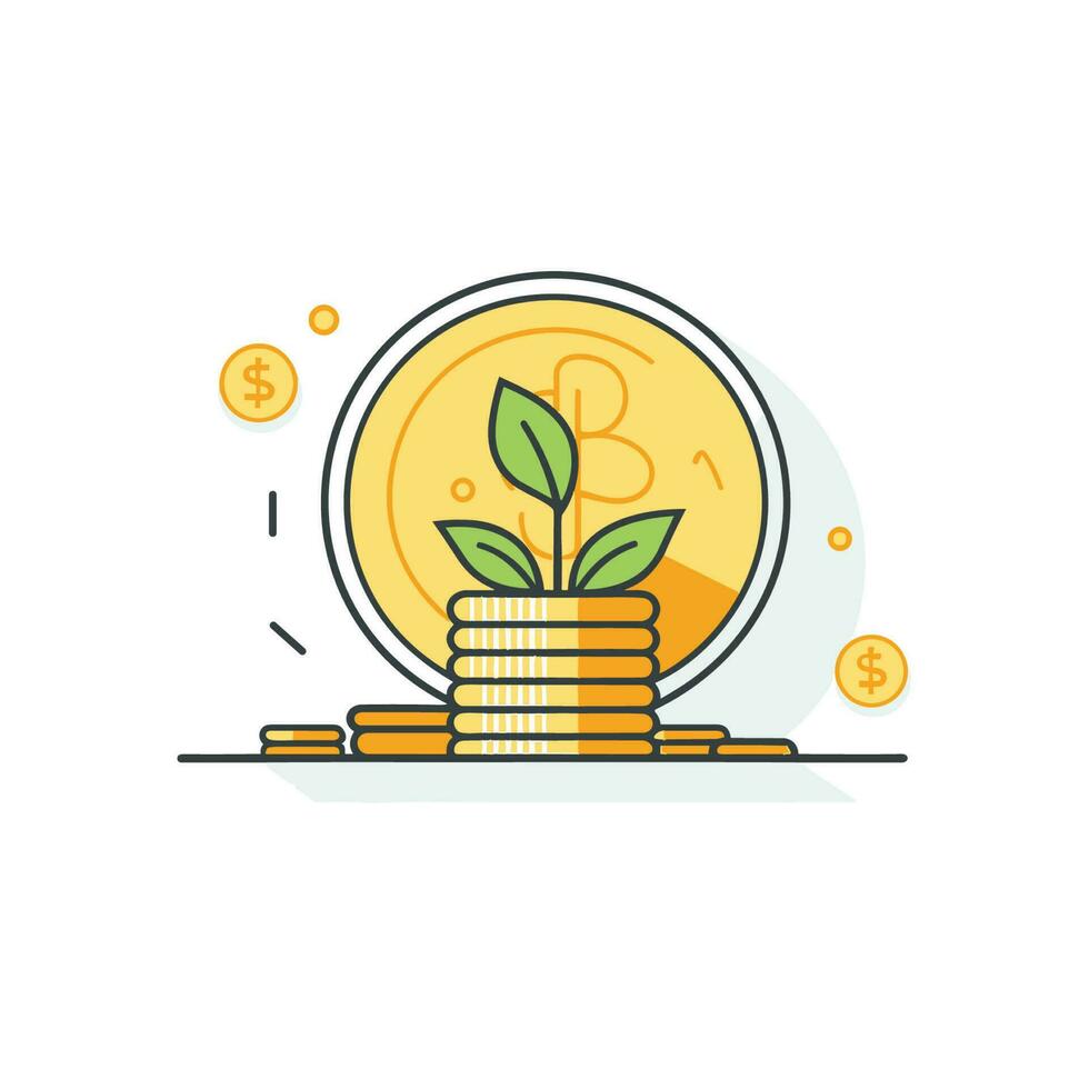 Vector of a plant growing out of a stack of coins, symbolizing growth and prosperity