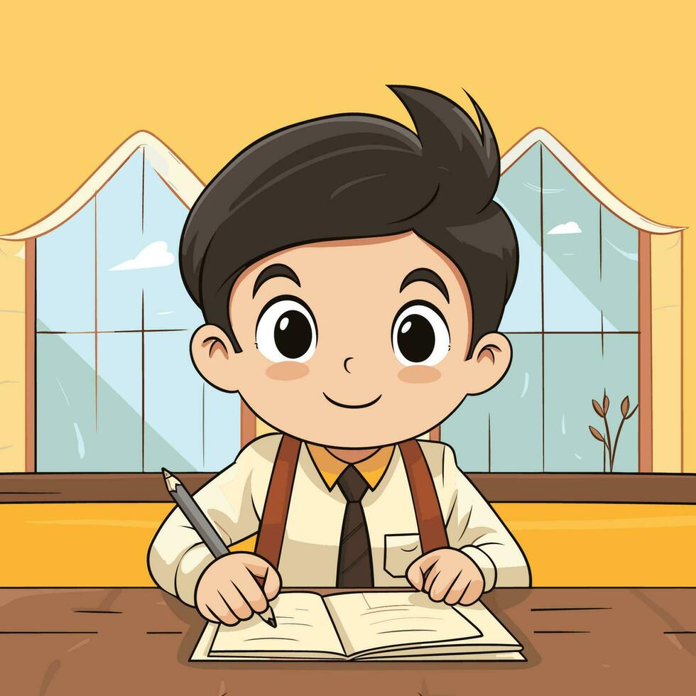 Vector of a young boy engrossed in studying or reading at a desk