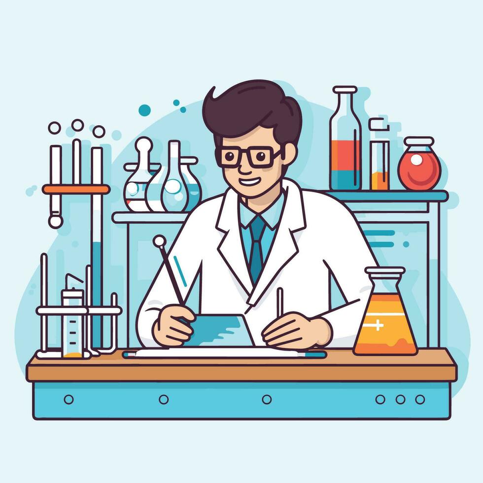 Vector of a scientist using a tablet for research in a laboratory