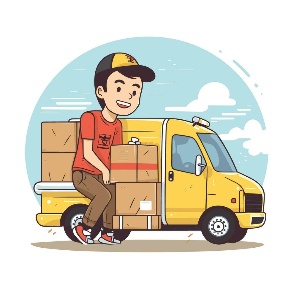 Vector of a man sitting on the back of a yellow truck