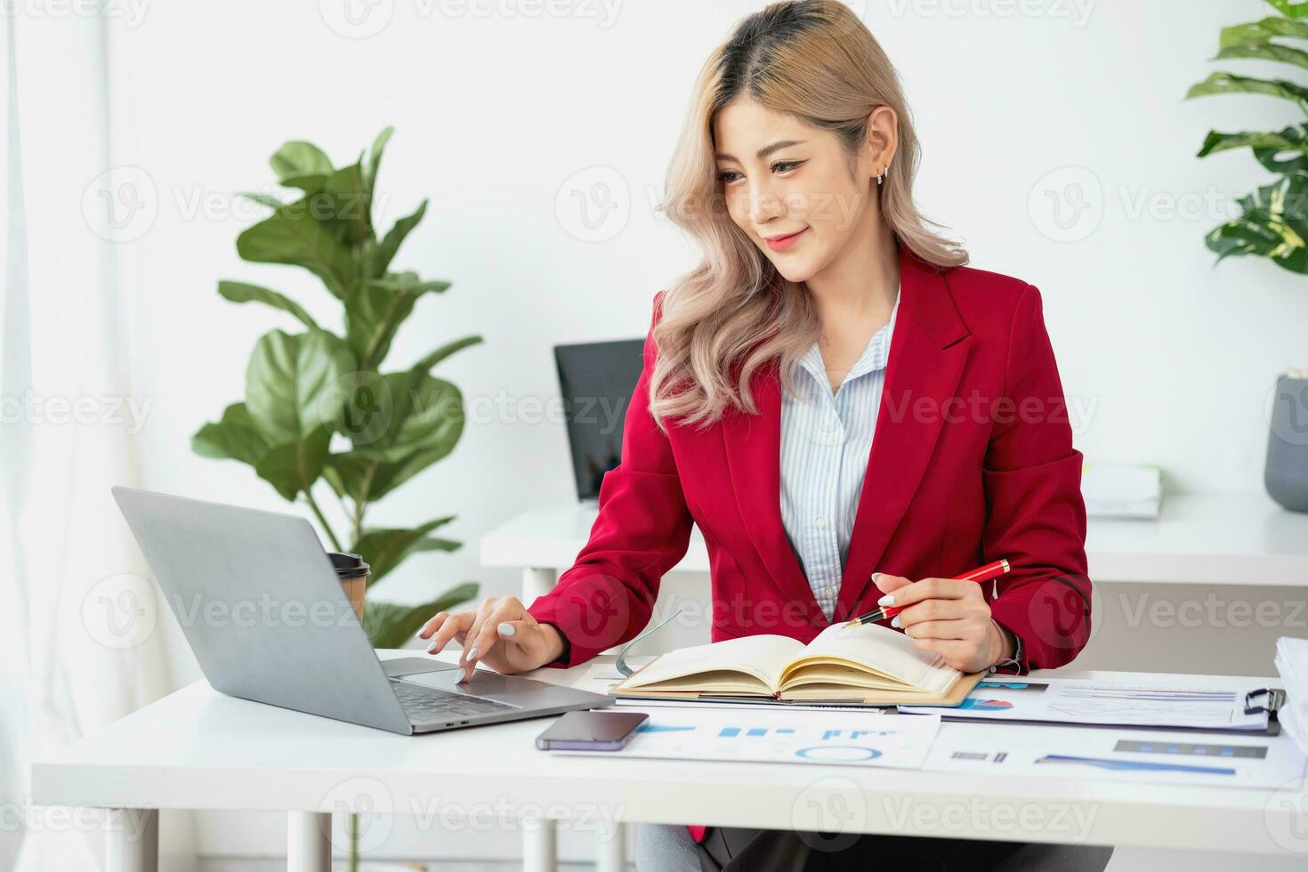 planning, auditing, business planning, finance, young asian business woman working on computer and checking investment documents and planning marketing to increase profit, business concepts photo