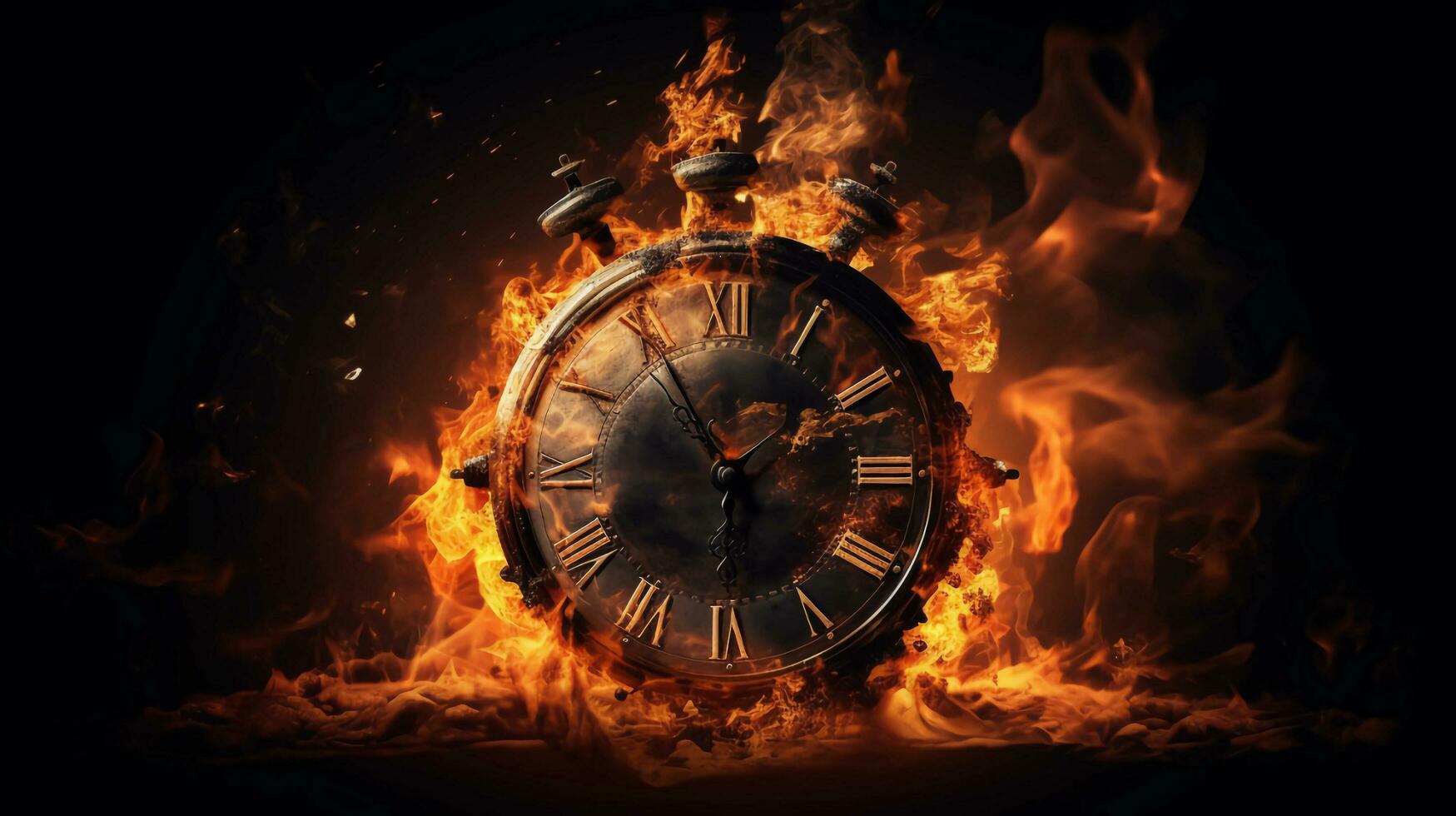 Time concept. Clock burning in fire on black background with copy space.AI Generate photo