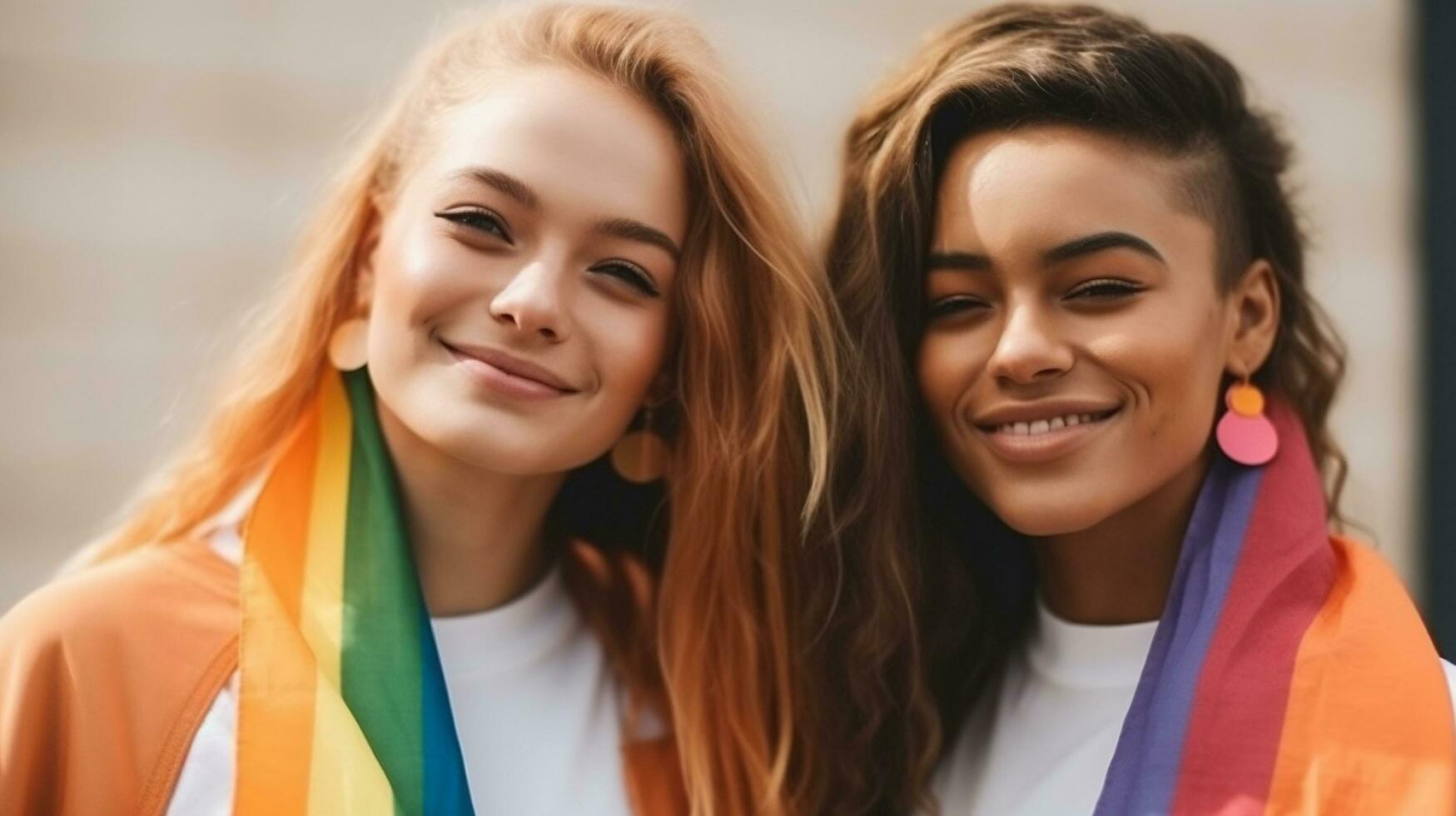 selectivo atención de sonriente lesbiana Pareja con arco iris banderas mirando a cámara. lgbtq comunidad concepto.ai generar foto