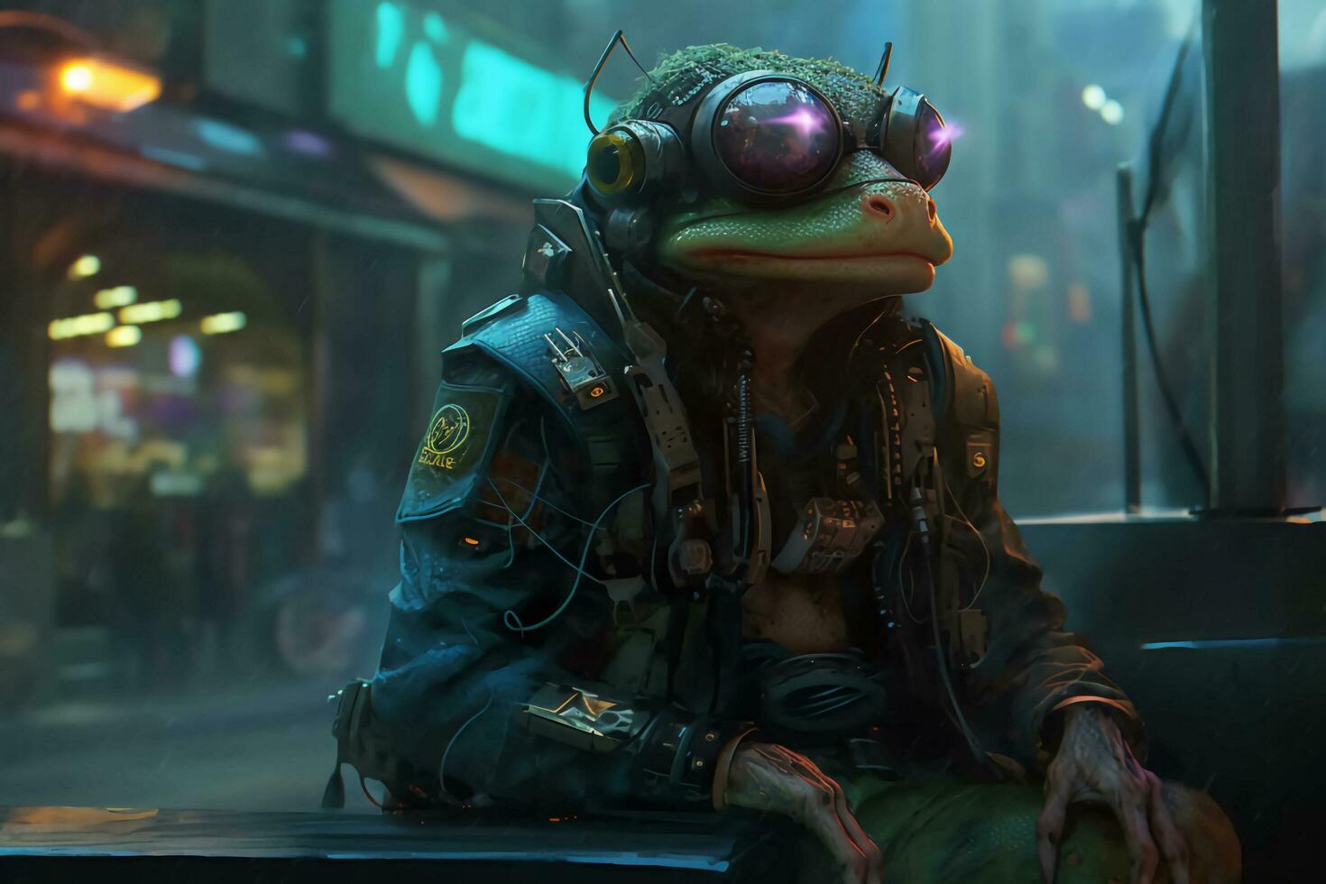 Futuristic surreal cyberpunk frog.AI Generate photo