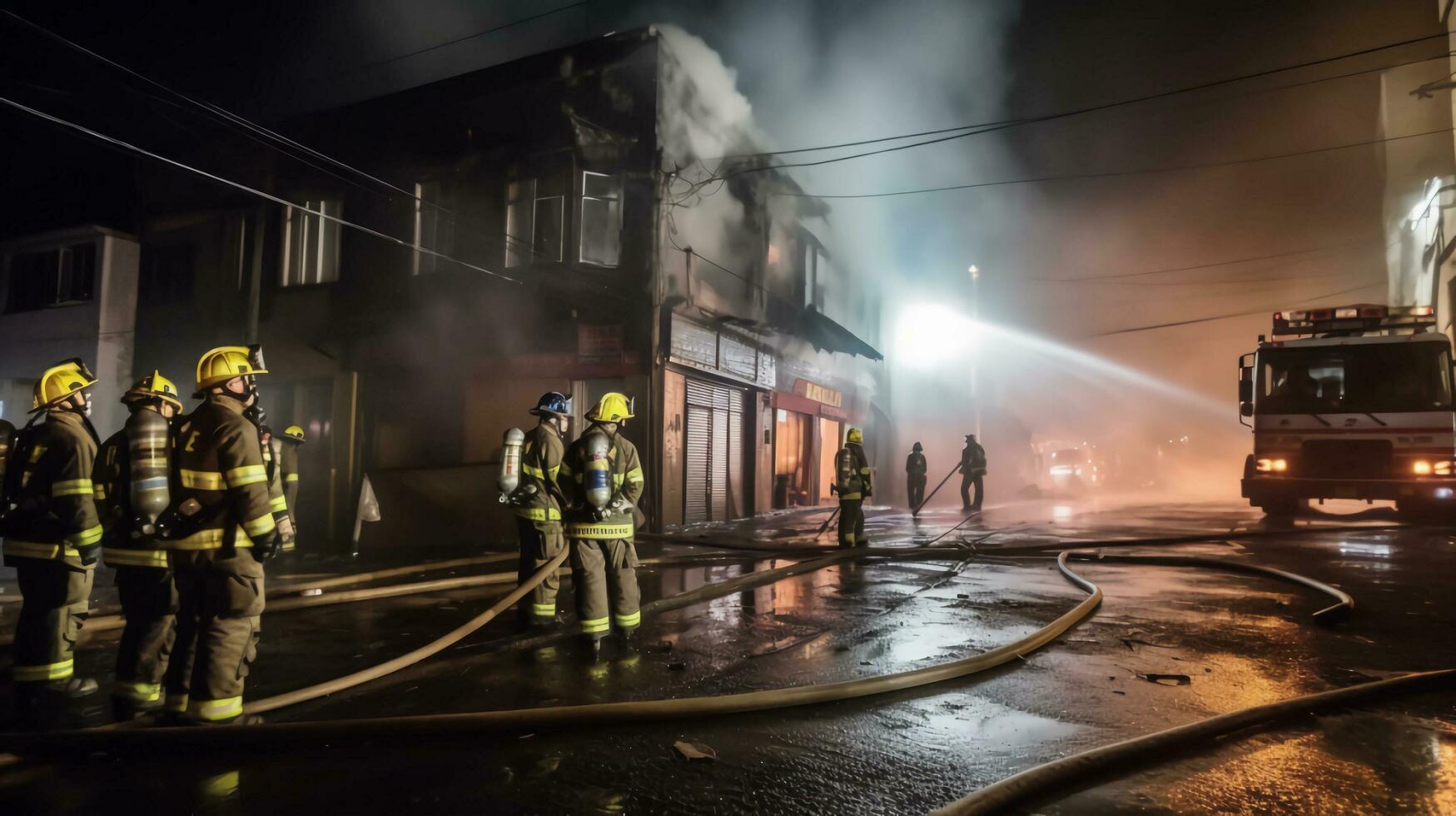 bomberos un fuego en un ardiente edificio a noche.ai generar foto