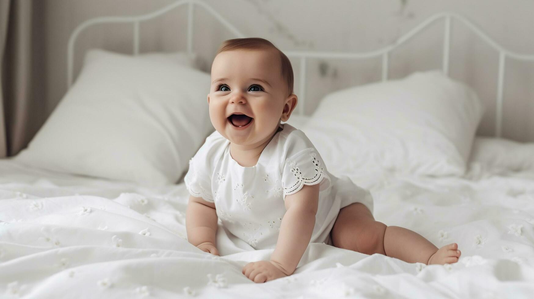 cheerful baby in white clothes lying on bed and looking at camera.AI Generate photo