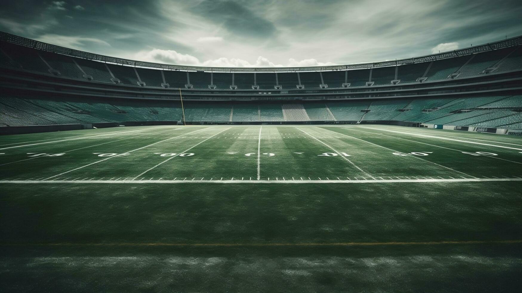 vacío fútbol americano estadio con verde césped campo y nublado cielo, tonificado.ai generar foto