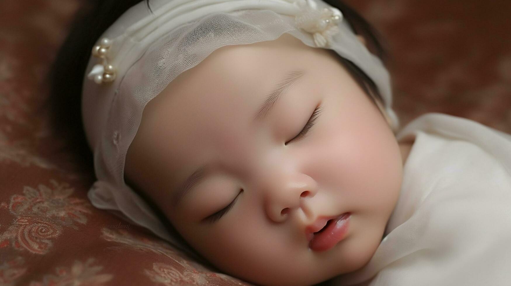 retrato de linda asiático bebé niña dormido en el cama.ai generar foto