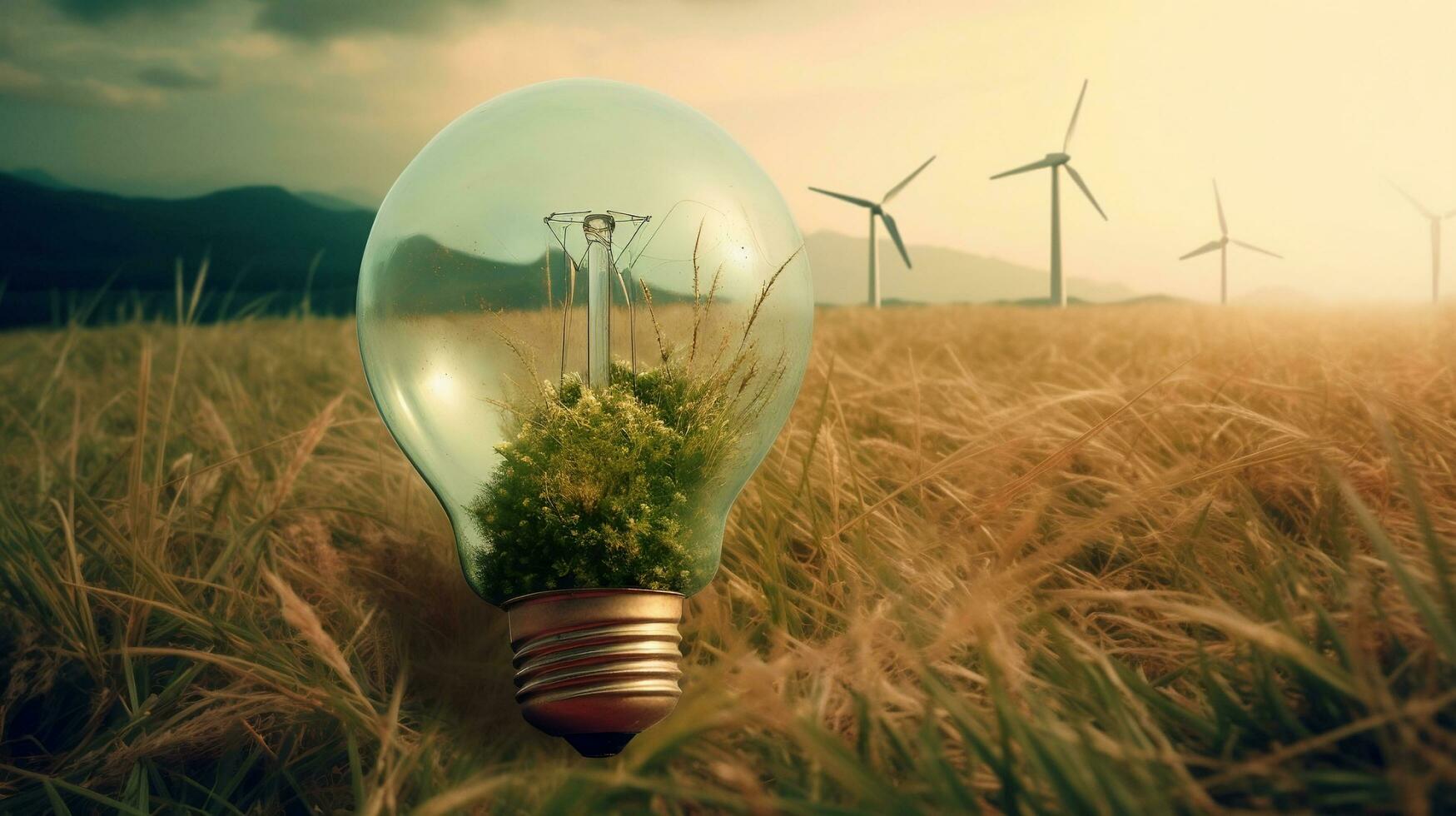 Eco energy concept. Light bulb and wind turbines in field.AI Generate photo