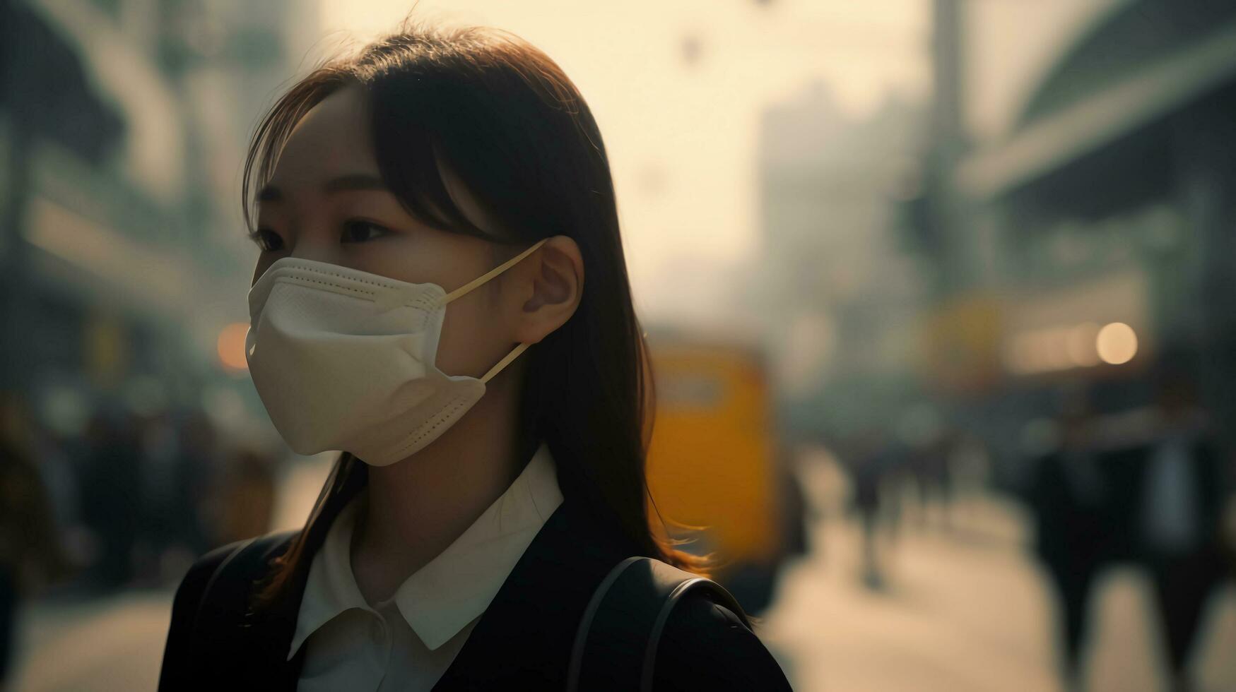 Young businesswoman wearing face mask to protect from corona virus in the city photo