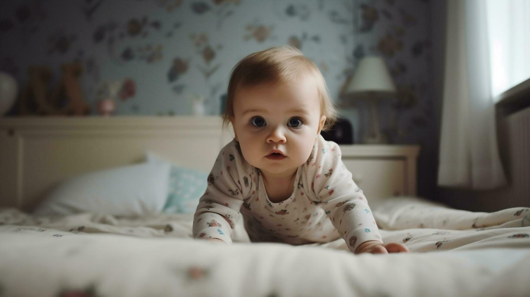 Portrait of a cute baby girl on the bed at home.AI Generate photo