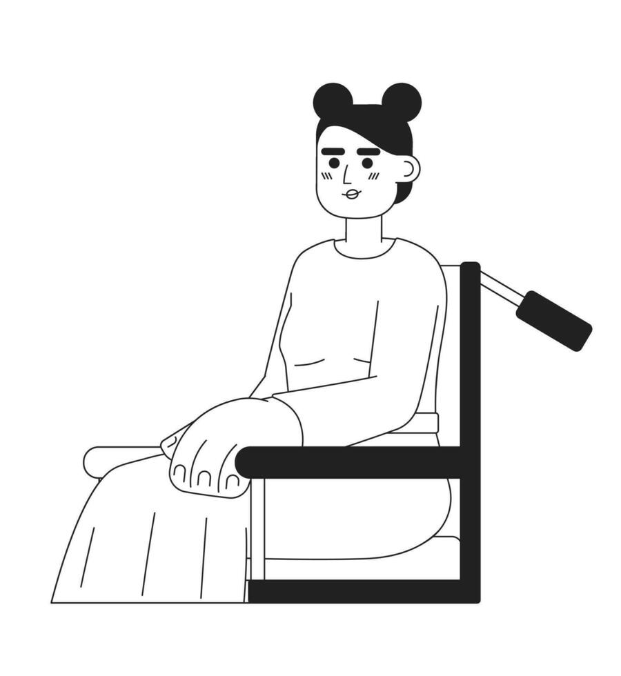 Woman with disability on wheelchair monochromatic flat vector character. Editable thin line half body woman with chronic health condition on white. Simple bw cartoon spot image for web graphic design