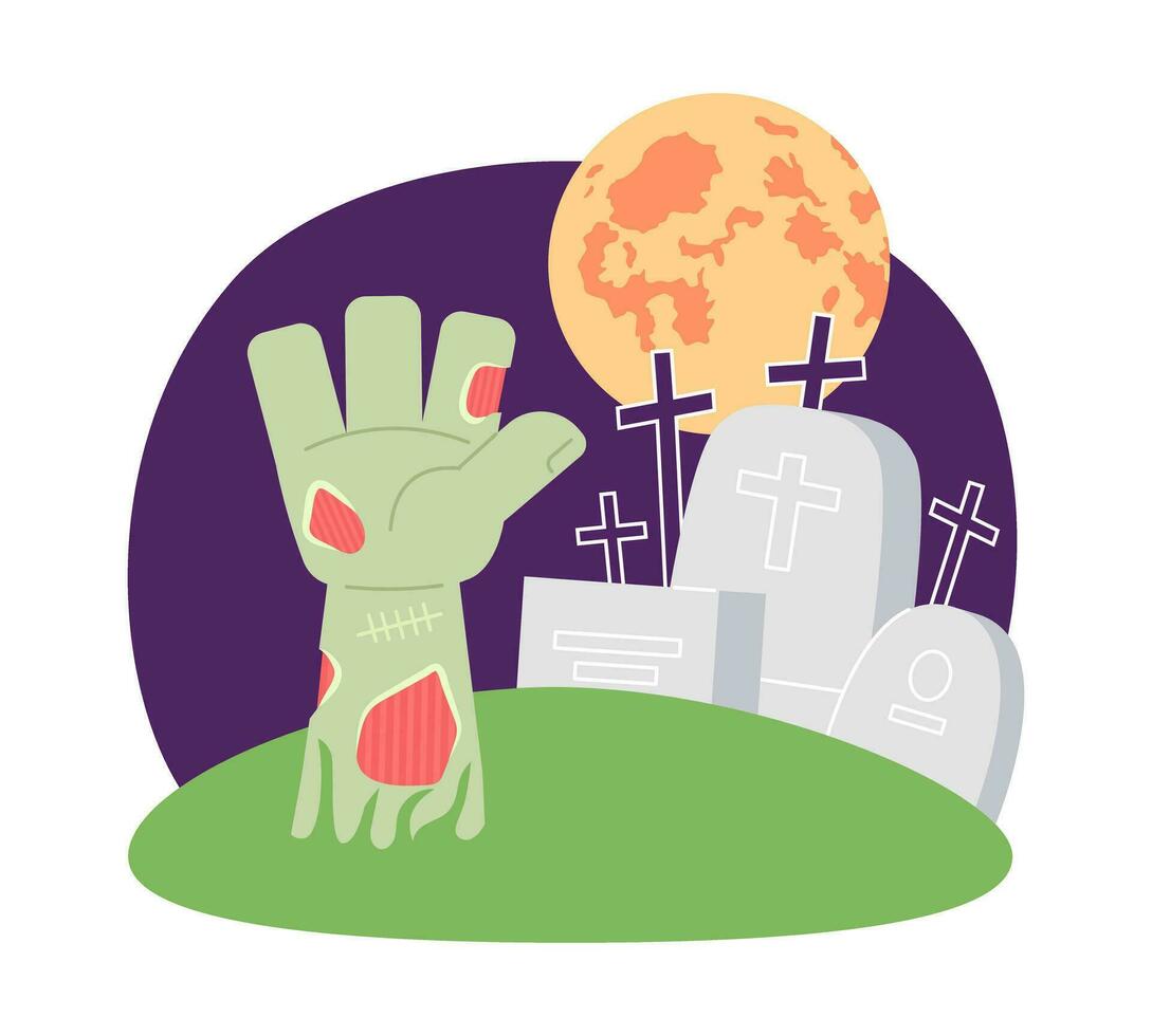 zombi cementerio en Víspera de Todos los Santos noche plano concepto vector Mancha ilustración. Luna noche cielo en escalofriante cementerio 2d dibujos animados escena en blanco para web ui diseño. aislado editable creativo héroe imagen