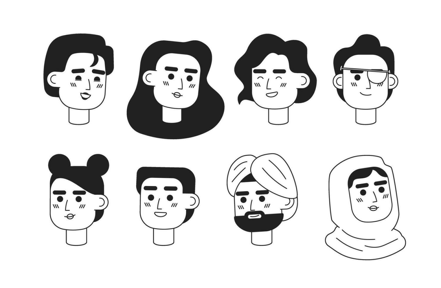 multicultural personas monocromo plano lineal caracteres cabeza. editable contorno personas iconos línea los usuarios caras. 2d dibujos animados Mancha vector avatar ilustración paquete para animación