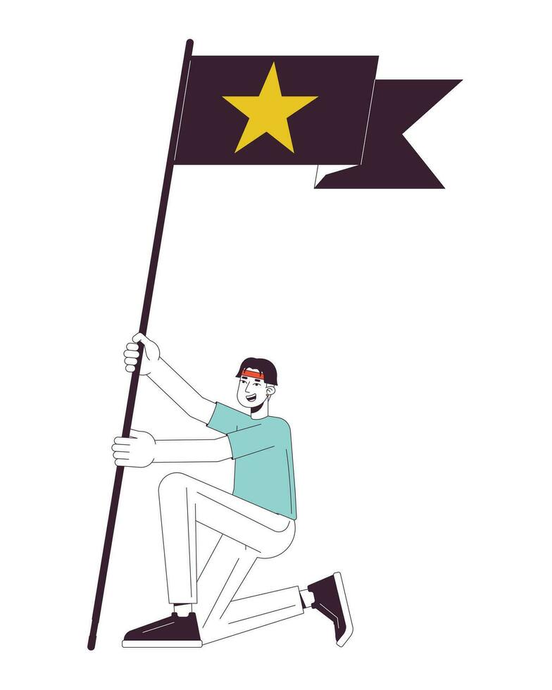 Asian fan boy holding flag with star flat line color vector character. Editable outline full body person on white. Korean fanboy cheering simple cartoon spot illustration for web graphic design