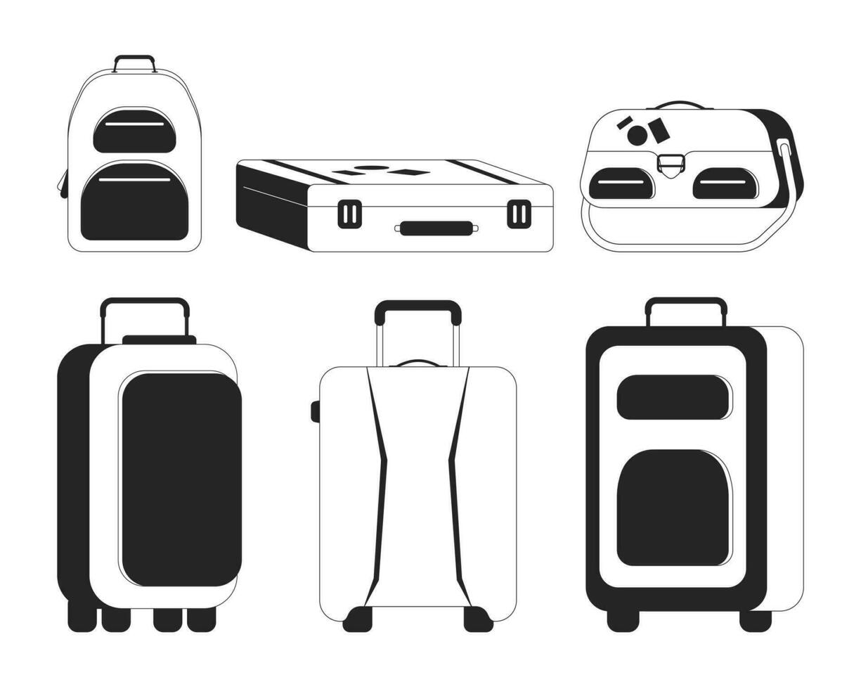 Airport baggage flat monochrome isolated vector objects pack. Suitcase, luggage. Editable black and white line art drawings. Simple outline spot illustrations collection for web graphic design