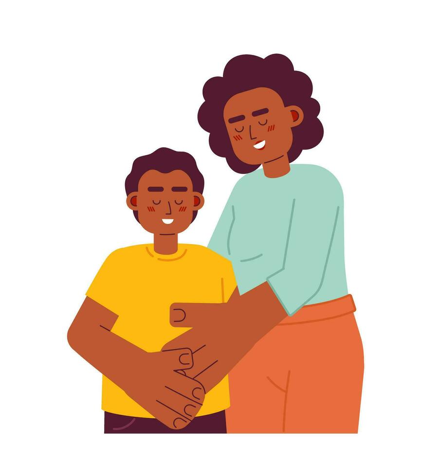 Black mother hugging preteen son semi flat color vector characters. Gentle parenting. Affectionate mom. Editable half body people on white. Simple cartoon spot illustration for web graphic design