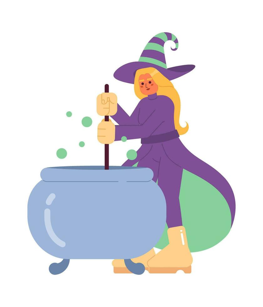 Happy halloween witch flat concept vector spot illustration. Wicked witch cauldron 2D cartoon character on white for web UI design. Magic woman brewing potion isolated editable creative hero image