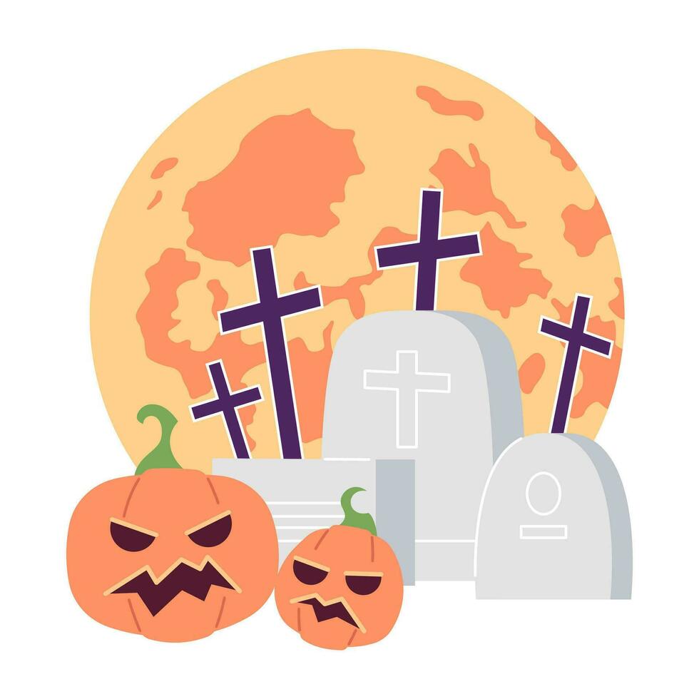 Tombstones pumpkins with glowing moon flat concept vector spot illustration. Graveyard spooky jack o lanterns 2D cartoon composition on white for web UI design. Isolated editable creative hero image