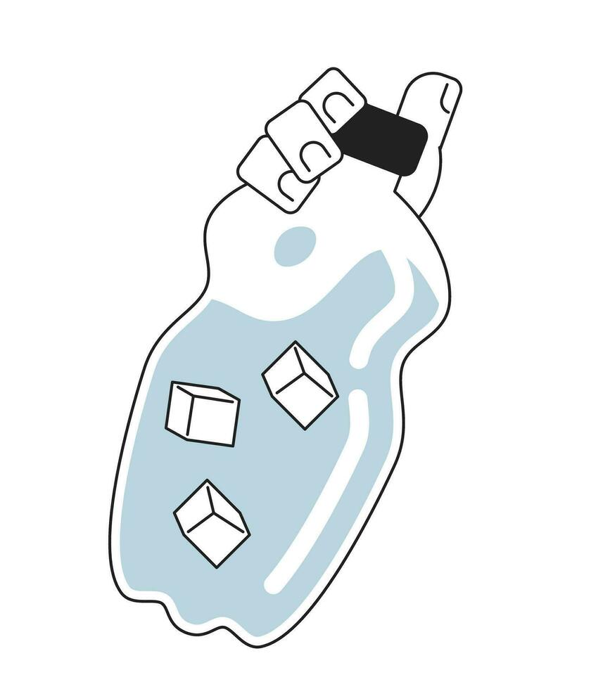 Water bottle holding monochromatic flat vector character hand. Hydration summer. Ice cubes in water. Editable body part element on white. Simple bw cartoon spot image for web graphic design