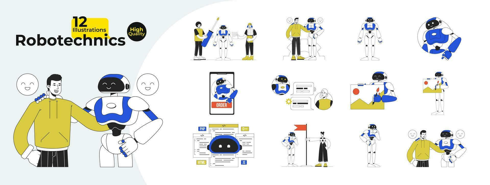 Robotechnics flat line concept vector spot illustrations bundle. Robot human interaction. Modern technologies 2D cartoon characters on white for web UI design. Editable hero image collection