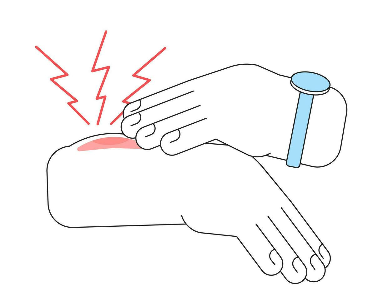 Hand touching painful injury flat line color isolated vector object. Trauma with bruise. Editable clip art image on white background. Simple outline cartoon spot illustration for web design