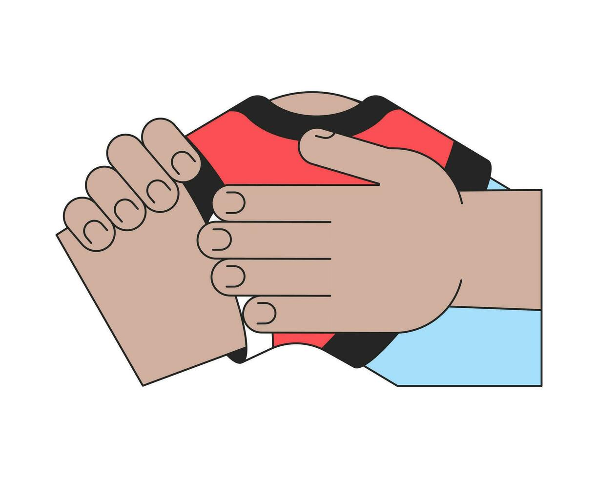 Broken knee in brace flat line color isolated vector object. Hands touching trauma. Editable clip art image on white background. Simple outline cartoon spot illustration for web design