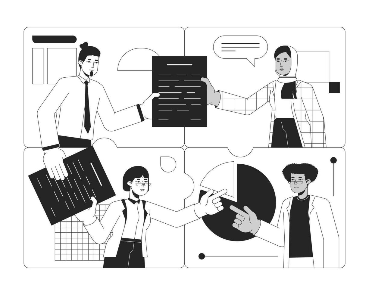Collaboration colleagues bw concept vector spot illustration. Teamwork diversity 2D cartoon flat line monochromatic characters for web UI design. Employees synergy editable isolated outline hero image