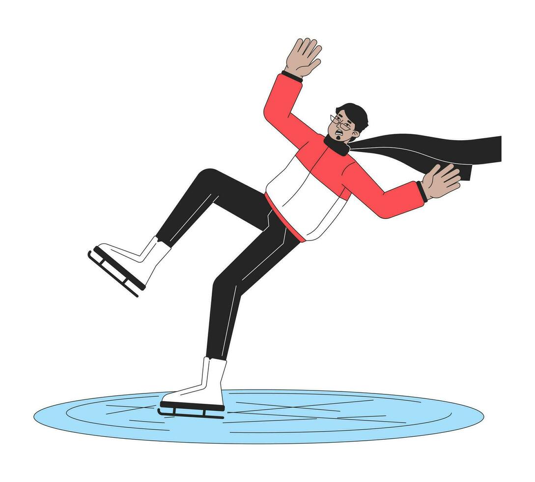 Perplexed man in scarf on ice rink flat line color vector character. Editable outline full body man skates and falls on white. Simple cartoon spot illustration for web graphic design