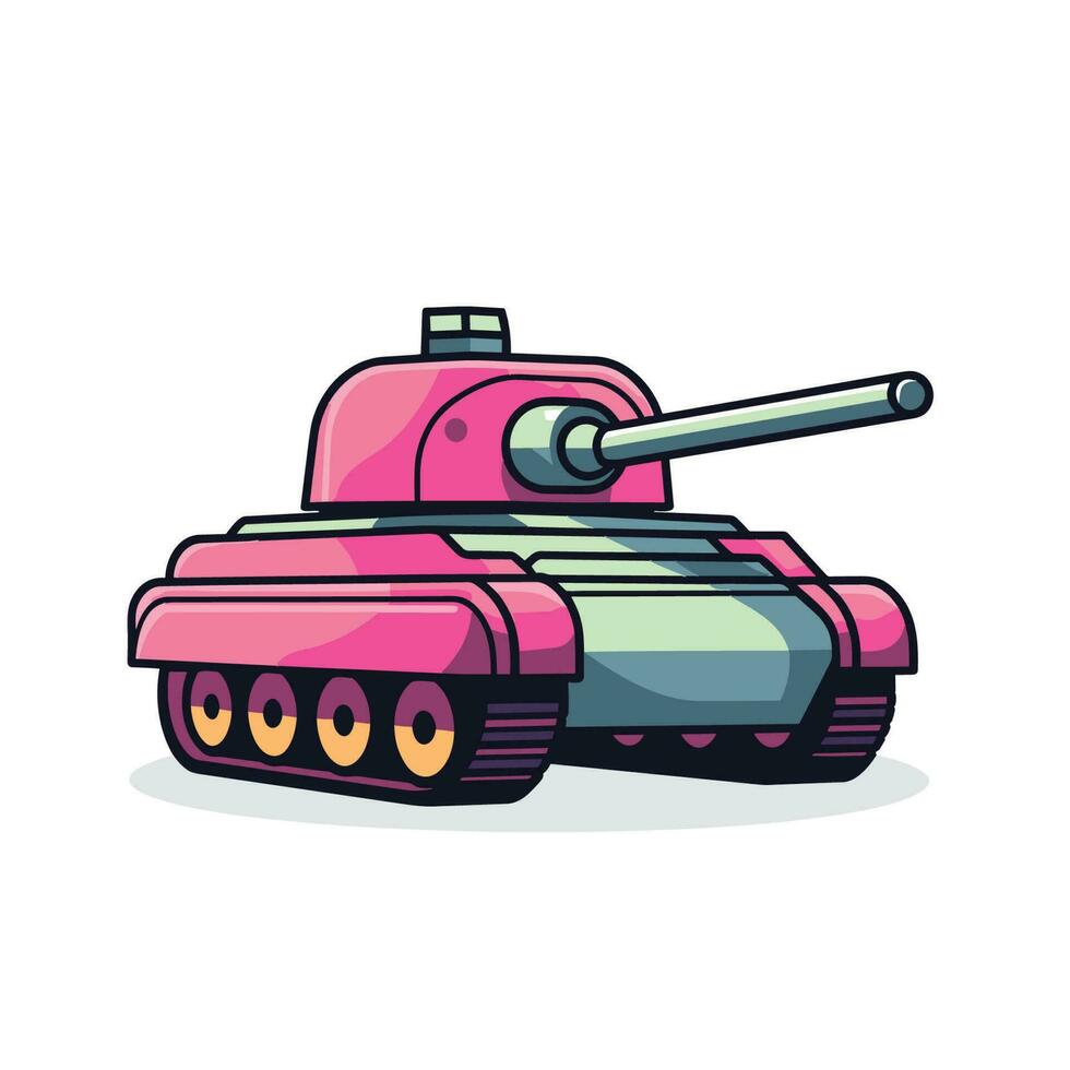 Vector of a pink tank with yellow wheels in a flat landscape