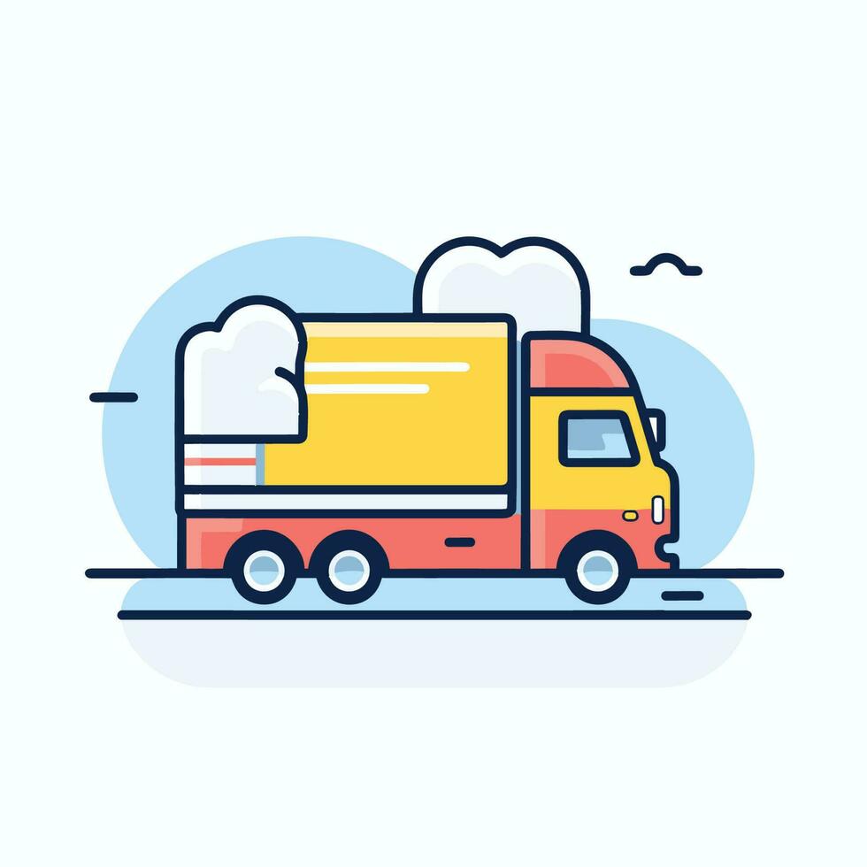Vector of a truck driving down a flat road with dramatic clouds in the background