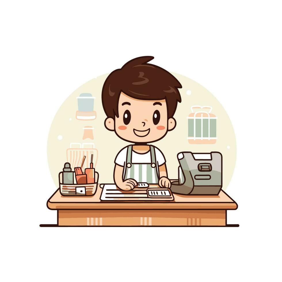 Vector of a young boy using a printer at his desk