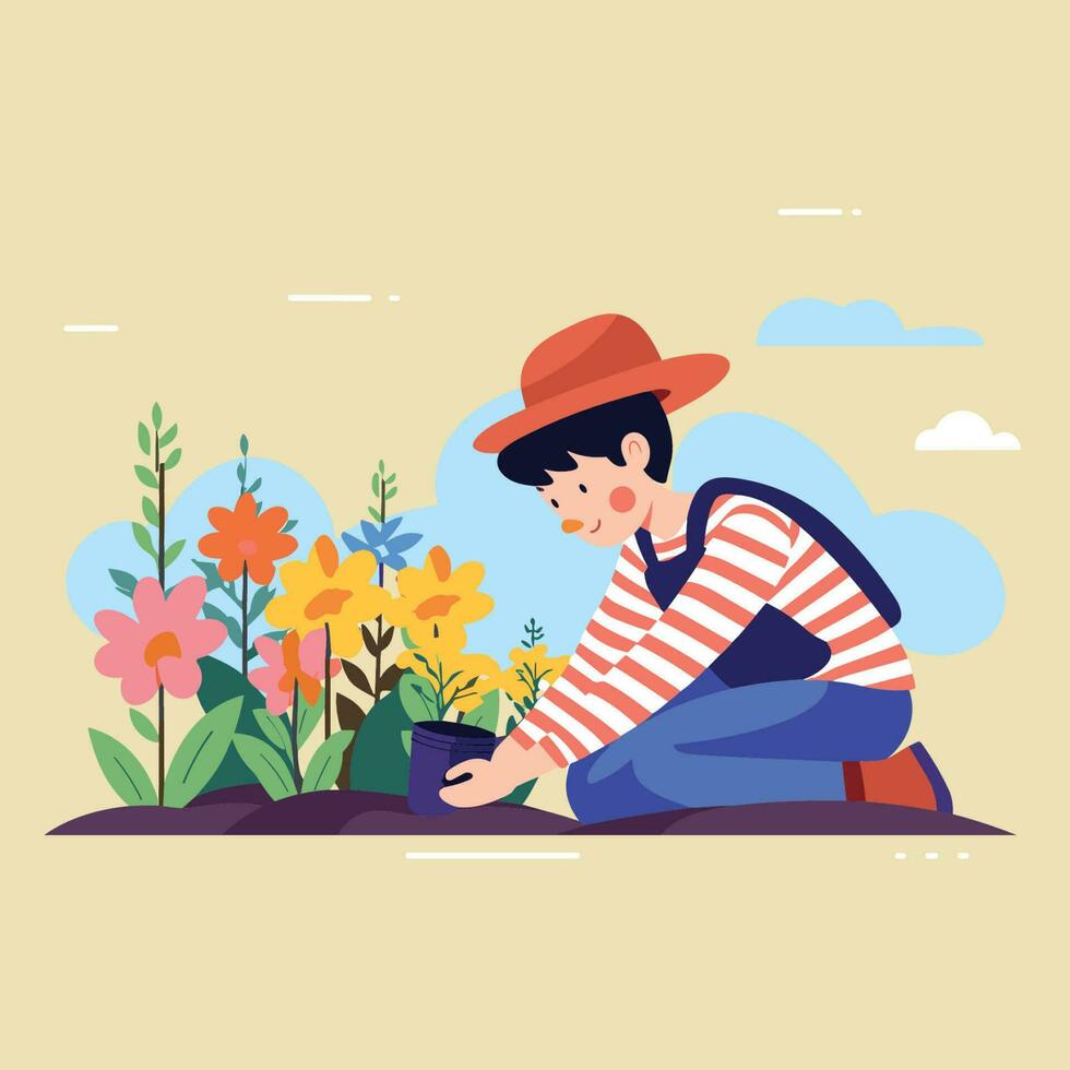 Vector of a man kneeling down in front of a vibrant flower garden