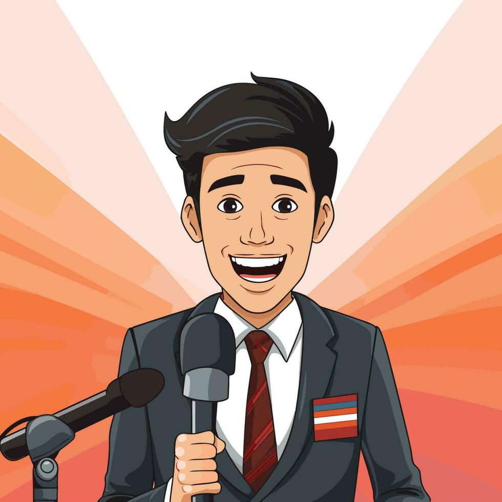 Vector of a confident man holding a microphone in a professional setting