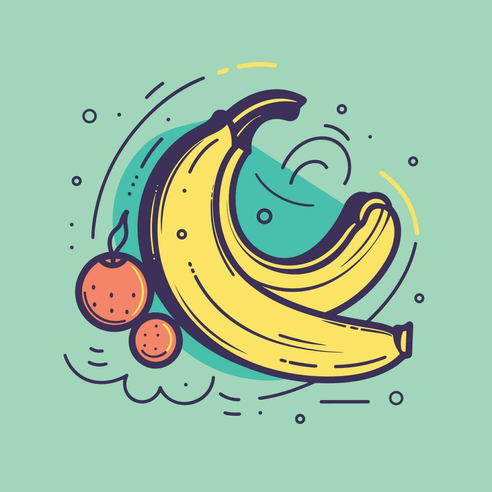 Vector of a colorful still life drawing featuring a banana and various other fruits