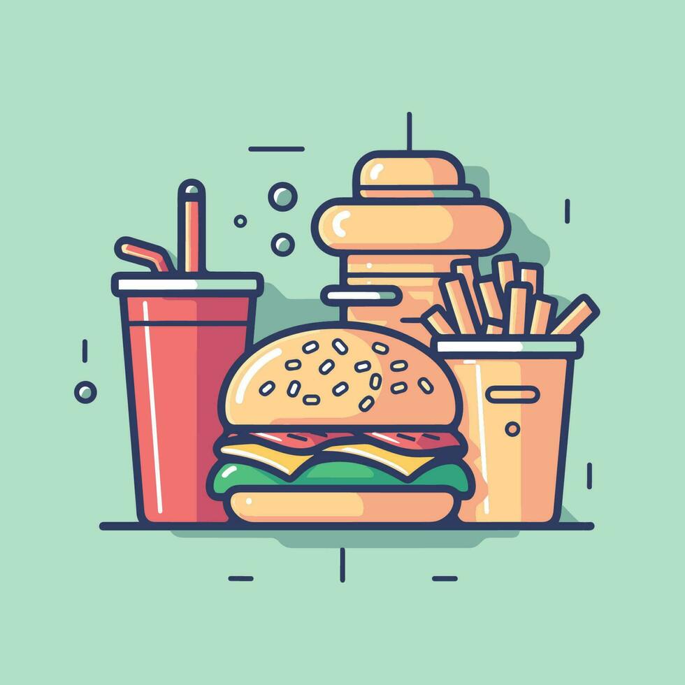 vector de un delicioso comida con un hamburguesa, papas fritas, y un refrescante bebida en un mesa