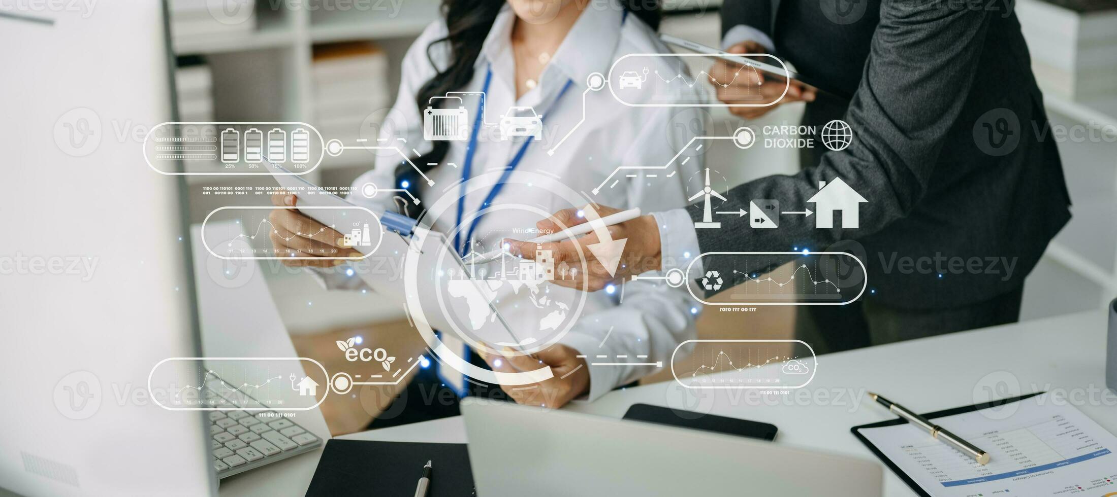 Business working with reduce CO2 concept with icons, global warming such as reforest green factory recycle and zero carbon dioxide emission concept. with VR icon at office photo