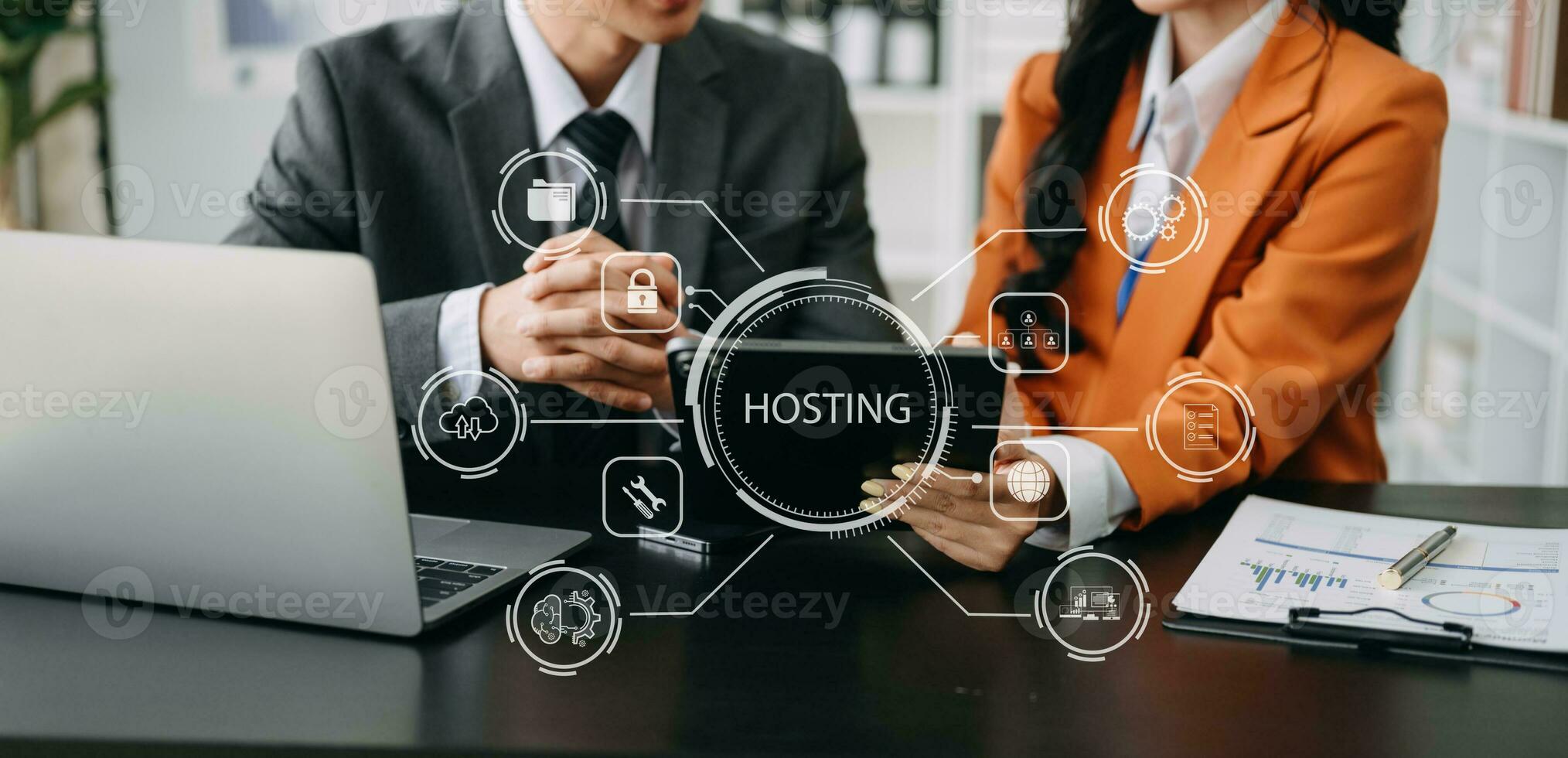 Web hosting concept, woman using computer, tablet and presses his finger on the virtual screen inscription Hosting on desk, Internet, business, digital technology concept. photo