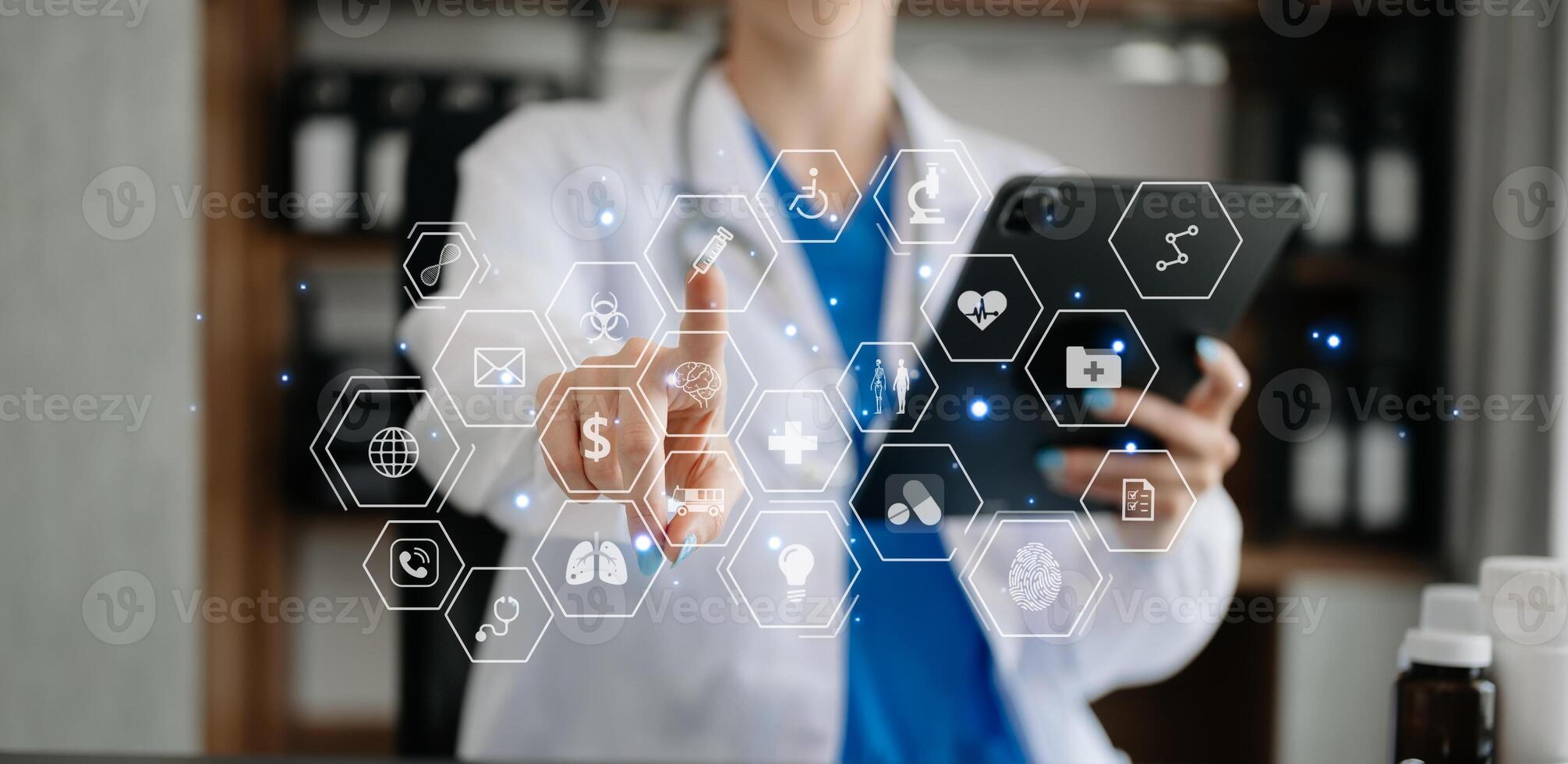 medical technology concept,smart doctor hand working with modern laptop computer with his team virtual icon photo