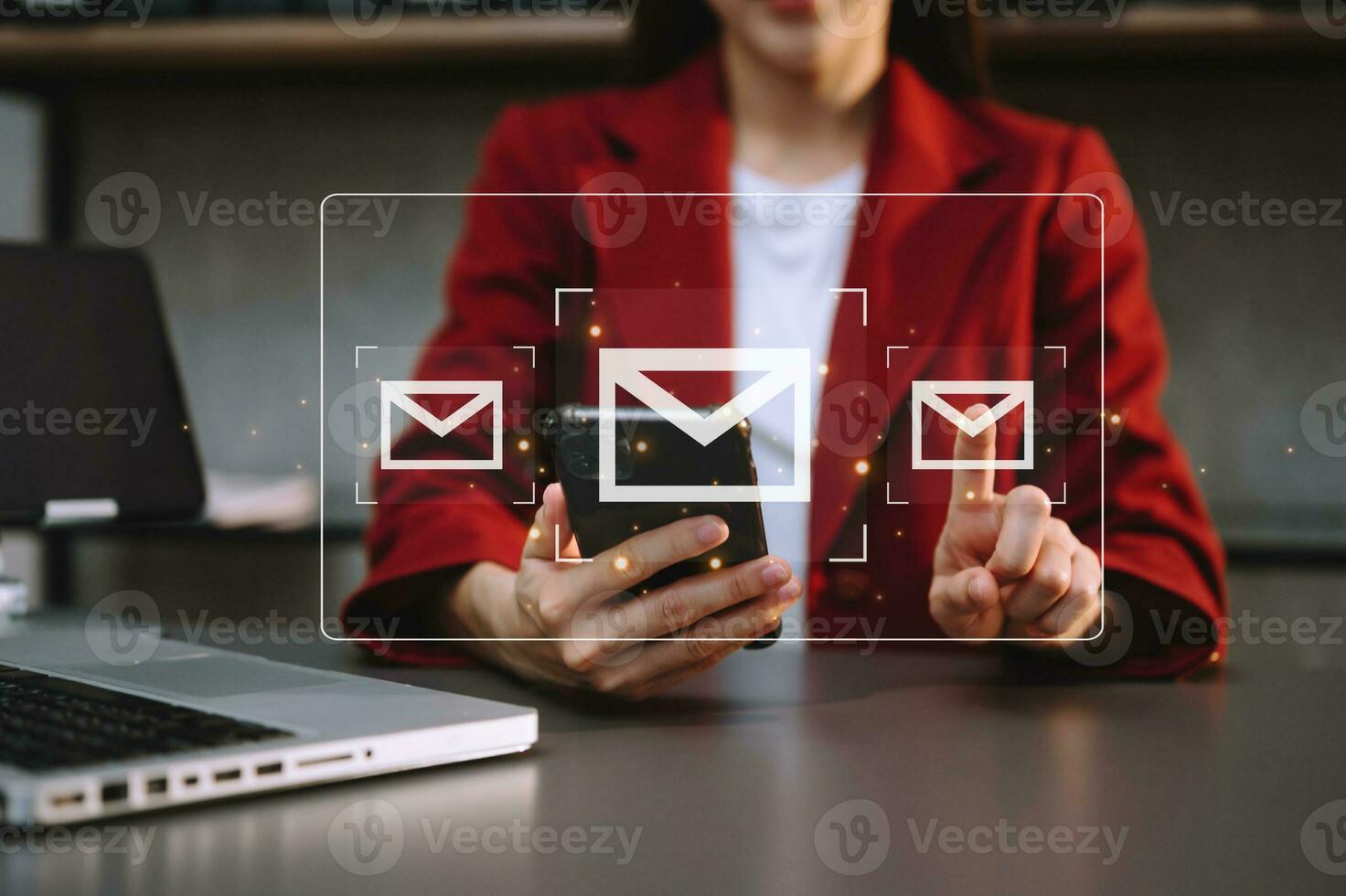 Woman hands using Laptop, tablet typing on keyboard and surfing the internet with email icon, email marketing concept, send e-mail or newsletter, online working internet network technology. photo